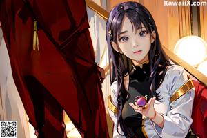 A woman in a white shirt and black pants holding a red ball.