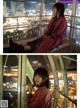 A woman sitting on top of a ferris wheel at night.