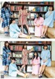 A group of women sitting on a couch in front of a bookshelf.