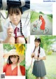 A collage of photos of a girl in a school uniform.